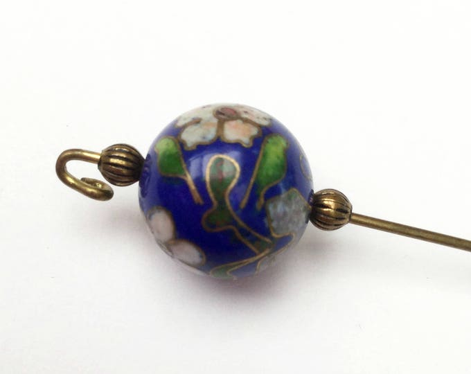 Blue Cloisonne Bead Stick Pin - Floral enameling - brass stick pin