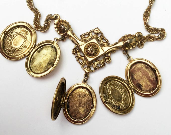 Locket necklace - Signed Art - Triple three locket - gold chain - Art Mode company - Victorian Revival - Pendants