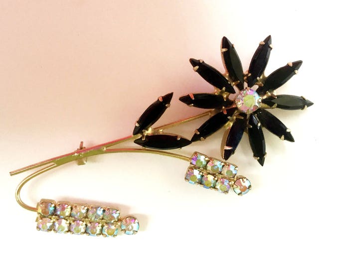 Rhinestone Flower Brooch - black facet crystals petals - Aurora borealis - Floral pin