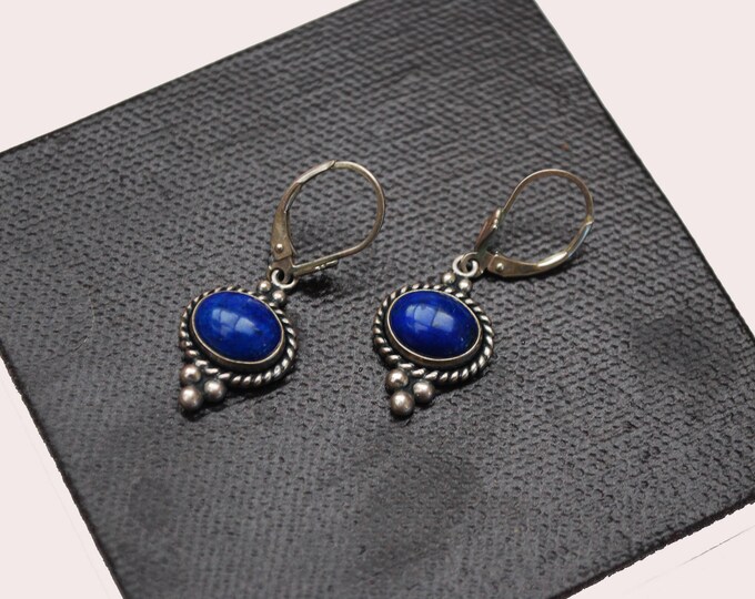 Sterling Lapis earrings - Signed QT - dangle blue gemstone - southwestern pierced earring