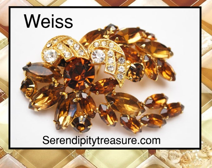 Weiss Rhinestone Brooch -Brown Orange Champagne - Clear Crystal - Gold metal Floral Leaf pin