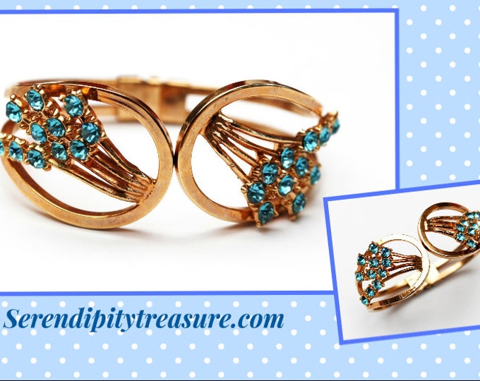 Flower Rhinestone bracelet - gold Hinge Clamper Bangle - Blue Crystal floral - Mid Century