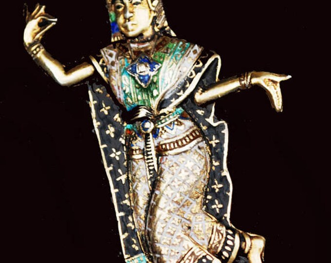 Sterling Thailand Dancer Brooch- Gold Wash- black blue green Enameling - gold plated - Siam figurine dancing pin