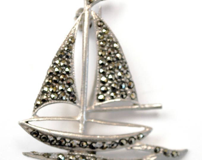 Sterling Sail boat Brooch - Marcasite - Silver Boat - Nautical