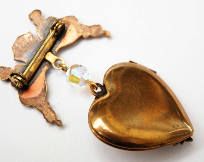 Gold Heart Locket Brooch - photo locket - Cupid - Cherub - Crystal Dangle pin