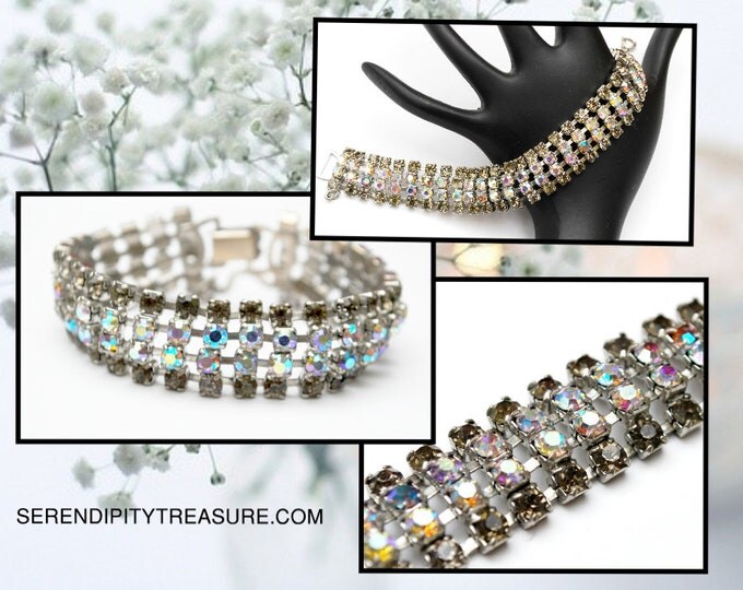 Rhinestone Bracelet - Aurora Borealis Crystal - Grey Rhinestone Silver -- Mid Century Bracelet - Wedding Bride