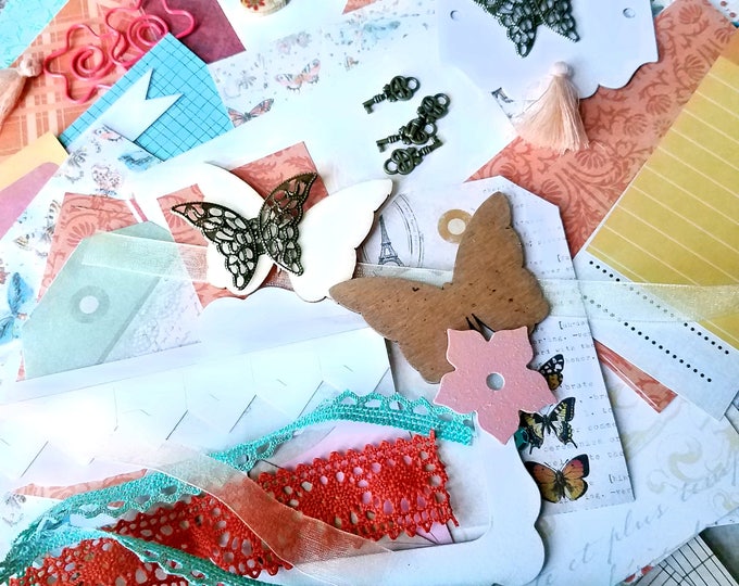 CLEARANCE Ephemera Scrapbook Kit Butterfly 6 oz papers wooden tags ribbons buttons Gift for girl Cardmaking Journal set Multimedia Kit #2M33