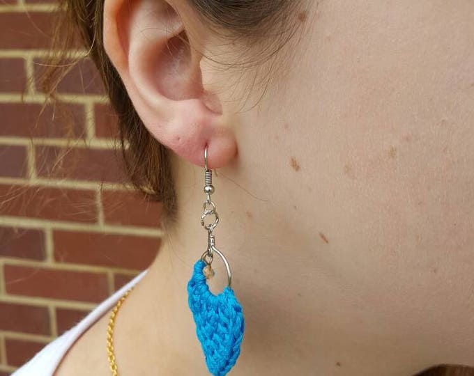 Pretty Handmade Ocean Blue Tunisian Crochet Earrings 2 Inch Drop