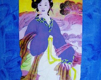 Tableau unique collage " la Chinoise version bleu " 20x20cm.