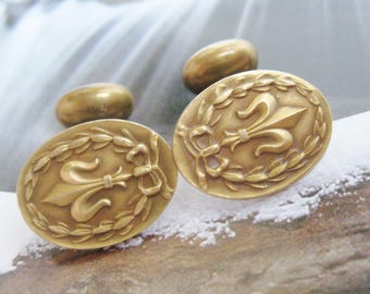 VICTORIAN Antique French FLEUR de LIS Ribbon Bow Garland Repousse Brass Bean Back Cuff Links Edwardian Gothic Cufflinks Jewelry
