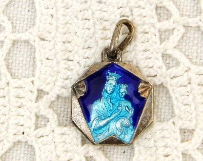 Small Antique Silver and Blue Enamel Religious Medal Saint Anne on the Reverse is Jesus Christ, Christian Religion, Catholic Jewelry