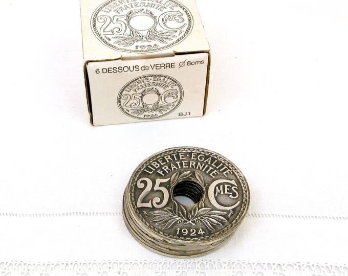 6 Vintage Cast Metal Coasters for Drinking Glasses Shaped as 1924 French Coins with Original Box, Retro Wine Glass Coaster from France 6 Vintage Cast Metal Coasters for Drinking Glasses Shaped as 1924 French Coins with Original Box, Retro Wine Glass Coaster from France