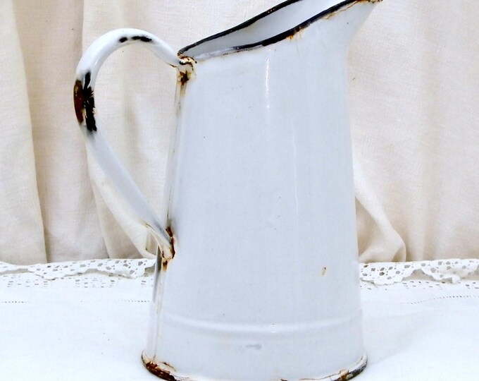 Small Antique French White Enamelware Pitcher, Chippy Enamel Jug / Vase, Cottage Farmhouse Kitchen, French Country Rustic Chic Retro Decor Small Antique French White Enamelware Pitcher, Chippy Enamel Jug / Vase, Cottage Farmhouse Kitchen, French Country Rustic Chic Retro Decor