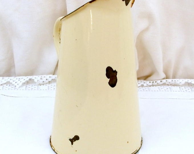 Small Antique French Pale Yellow / Beige French Enamelware Pitcher, Chippy Enamel Jug / Vase
