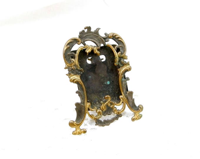 Very Small Antique Silver and Gold Plated Portrait Frame, Tiny French Victorian Metal Easel Standing Embossed Picture Frame
