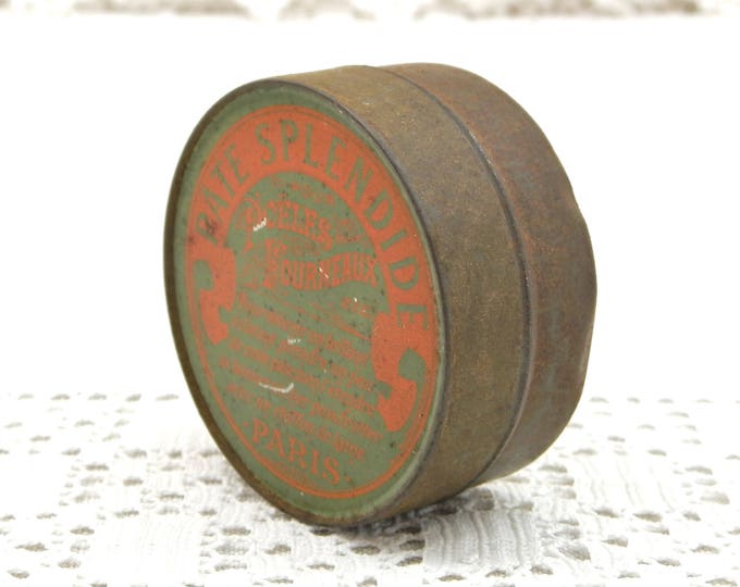 Antique French Metal Tin with Belle Epoque Graphics in Orange and Green Range Paste "Pate Splendide" from Paris, Polish Box from France