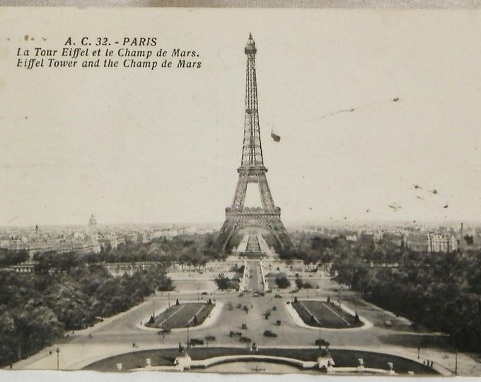 Antique French Black and White Postcard View of The Eiffel Tower and the Champ de Mars in Paris Posted in 1936, Parisian, Deltiology