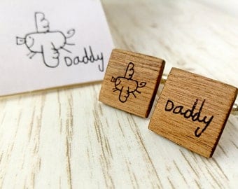 Personalised cufflinks. Children's drawing cufflinks. Wood Cufflinks. Grooms cufflinks Valentine gift for men. Fathers day gift. Walnut wood