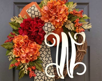 Fall Wreath,Wreath for Fall,Orange Hydrangea Wreath,Autumn Door Decor,Thanksgiving Wreath,Farmhouse Wreath,Burlap Wreath,Fall Door Wreath