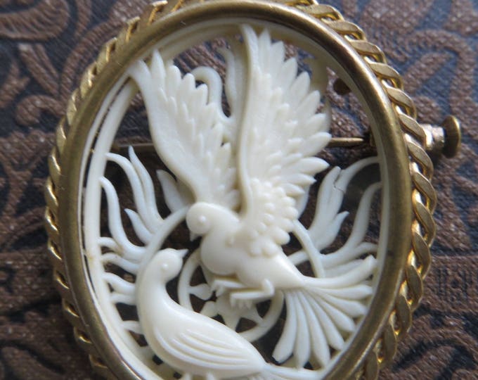 Vintage Carved Celluloid Pin, Pair of Doves Brooch, Depose France Bird Brooch, Vintage Bird Jewelry