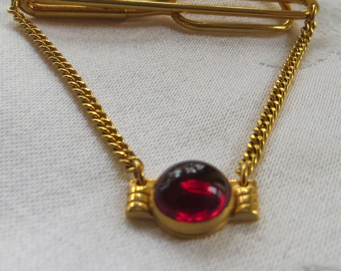 Vintage Swank Tie Bar, Tie Clip with Chain, Ruby Red Glass Cabochon, Mid Century Mens Jewelry