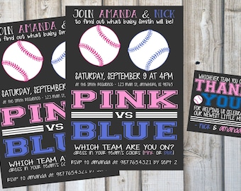 BASEBALL GENDER REVEAL Invitations & Thank You Gift Tags, Custom Chalkboard Invites, Baby Shower, Printable, Digital Download