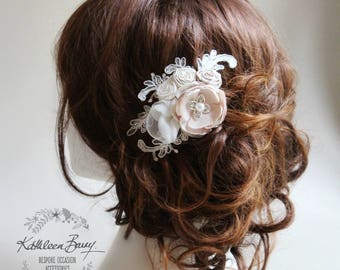 Bridal hairpiece floral - veil comb wedding hair accessory - ivory champagne taupe - small STYLE:Rose