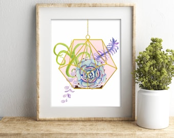 Hanging Terrarium Succulent and Cacti Art, Pink and Gold Watercolor Succulent Gift For Her, Plants Botanical Illustration, Cactus Nursery