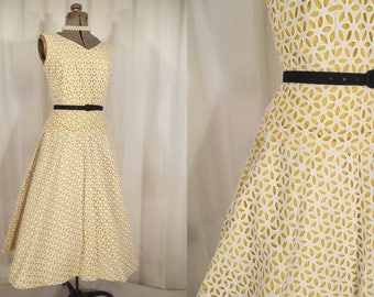 1950s Dress - 50s Small Vintage Cocktail or Day Dress Yellow White Lace