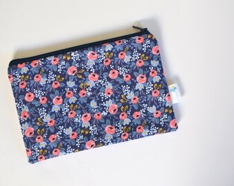 Coin purse, Navy Makeup Bag Small, Travel Pouch, Rifle Fabric Zipper Case, Storage Zipper Bag, Bridesmaid Clutch, Floral Cosmetic Bag