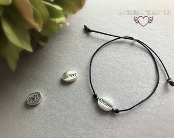Sterling Silver Dream Bracelet / Faith / Believe / Friendship Bracelet / Wish Bracelet / Black Leather Adjustable Bracelet /
