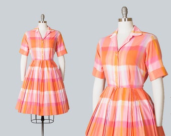 Vintage 1950s Dress | 50s Plaid Checkered Cotton Orange Pink Full Skirt Shirtwaist Day Dress (small)