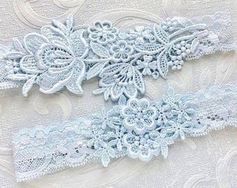 Blue Lace Wedding Garter Set, Blue Garter Set, Lace Garter, Toss Garter, Simple Lace Garters - Available in Ivory or White - "Flora"
