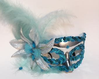 Silver and Blue Feather Mask, Masked ball, Blue Mask, Halloween Mask, masquerade masks women, venetian mask, Wedding mask, blue feather mask