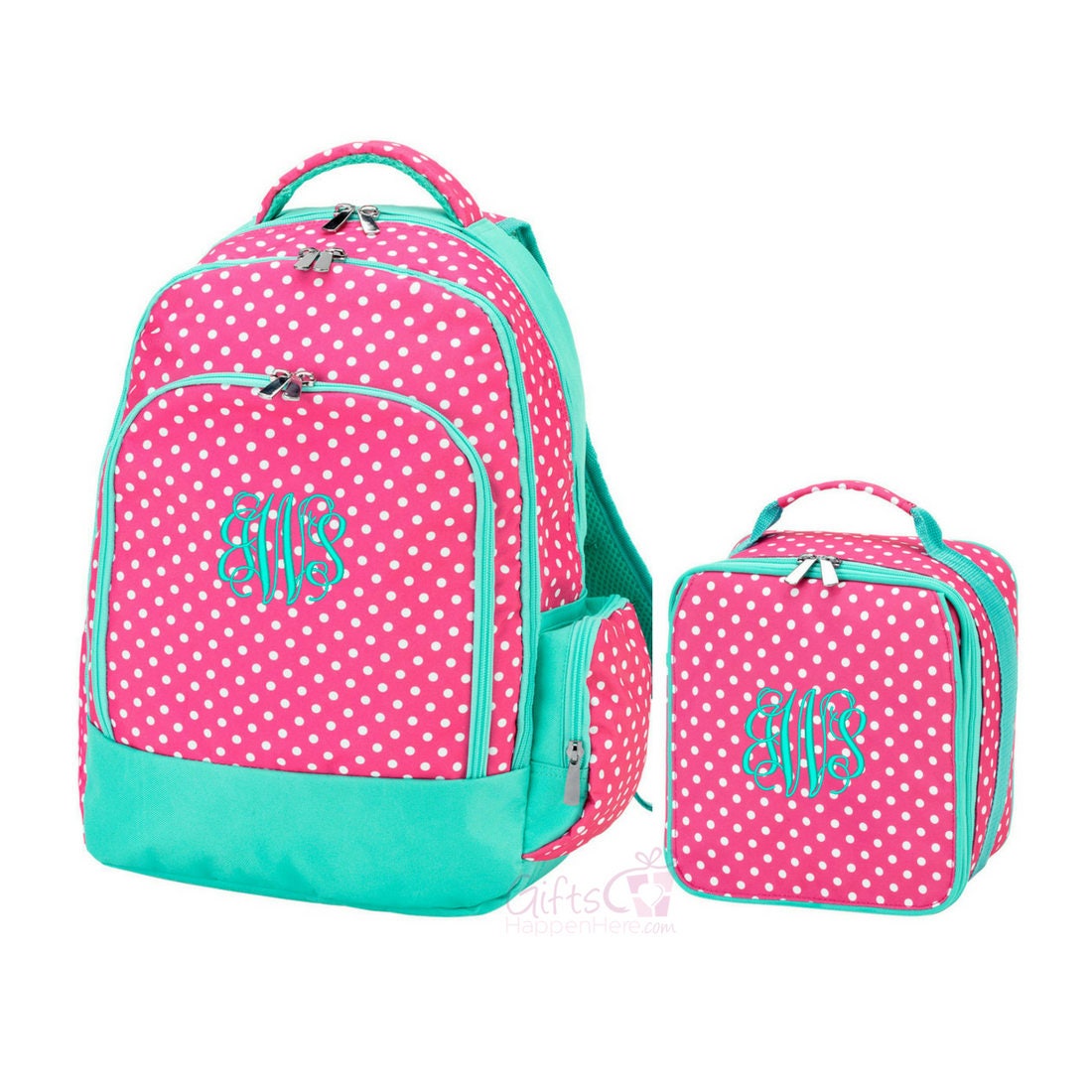 Monogrammed Matching Polka Dot Backpack & Lunchbox Set Pink