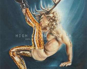 Original Pencil Drawing Erotic Art Illustration: "Do You Feel Loved" Cotton Rag. Homoerotica, Male Erotica, Fetish Art, Male Nude, Antlers