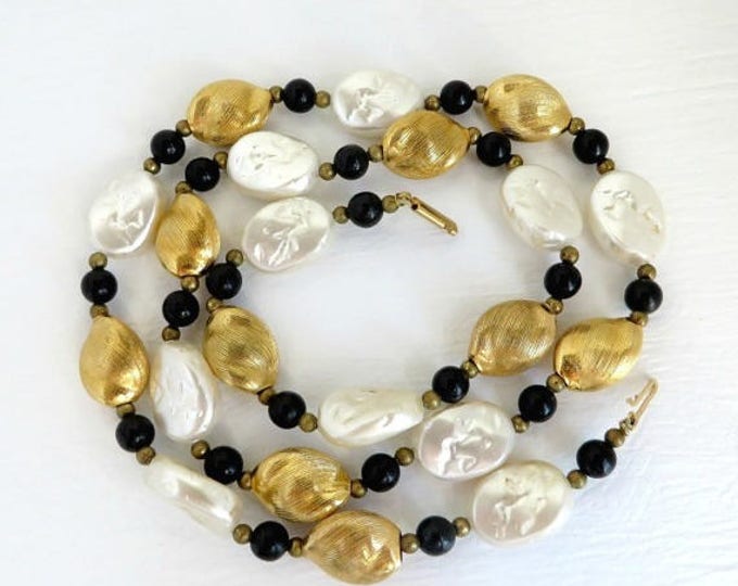 Black White and Gold Glass Bead Vintage Necklace, 29 Inch Length