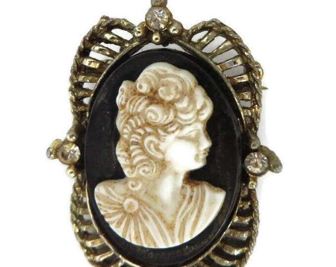 Vintage Cameo Brooch, Black & Cream Cameo, Rhinestone Studded Gold Tone Pin, Antique Style Pin