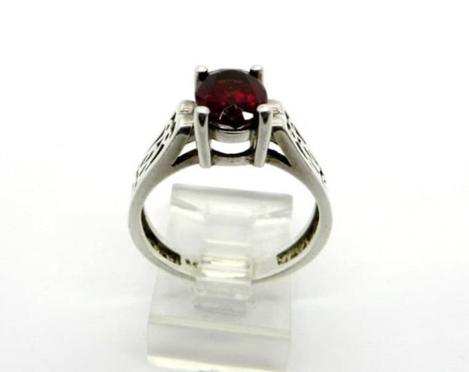 Sterling Silver Garnet Ring - Vintage Faux Garnet Scrolled Silver Wide Band Ring, Size 9, Gift for Her