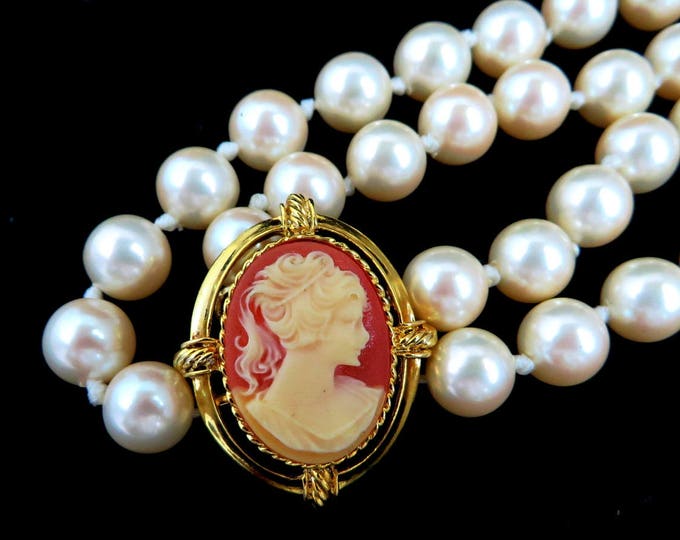 Erwin Pearl Necklace, Vintage P.E.P. Double Strand Faux Pearl Cameo Choker, Bridal Jewelry