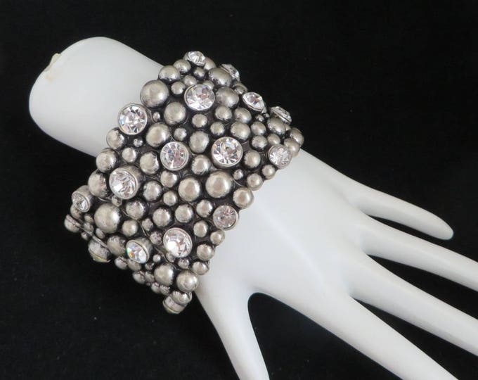 Wide Stone & Rhinestone Bracelet, Vintage Gray Bead, Rhinestone Studded Metal Stretch Bracelet