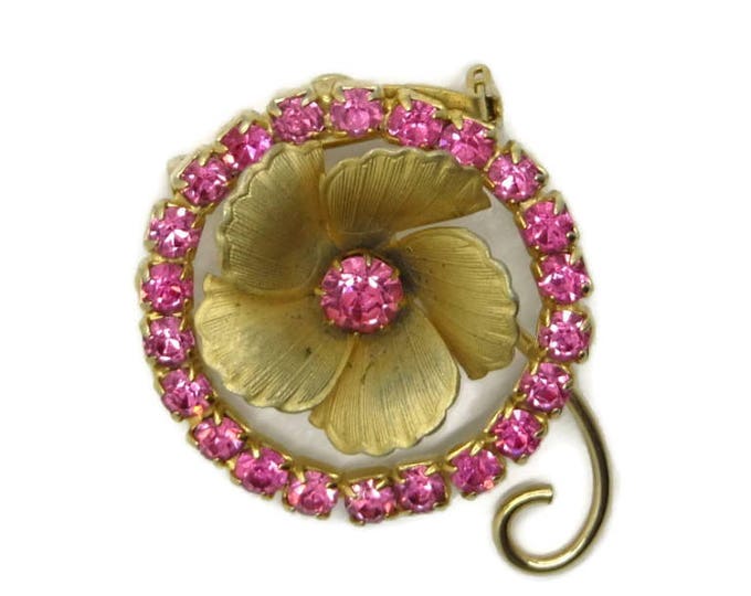 Pink Rhinestone Brooch, Vintage Gold Tone Floral Sparkly Circle Pin, Gift idea