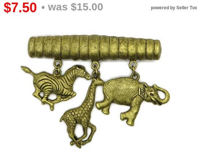 Jungle Animal Brooch, Dangling Animals Pin, Zebra, Giraffe, Elephant Brooch, Vintage Goldtone Brooch, FREE SHIPPING