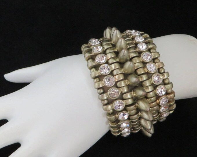 Gold Tone Stud Bracelet, Vintage Rhinestone Stretch Bracelet, Wide Heavy Metal Bracelet