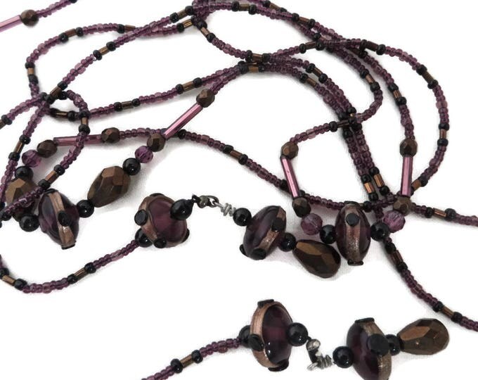 Glass Flapper Necklace, Vintage Purple, Bronze Beaded Long Necklace, Gift for Her