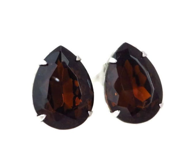 Amber Rhinestone Teardrop Earrings, Vintage Silver Tone Cognac Rhinestone Clip-ons, Bridal Jewelry