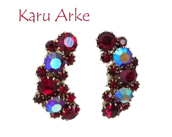Red Rhinestone Earrings - Vintage Signed Karu Arke Clip-on Earrings, Bridal Jewelry, Formal Wear, Perfect Gift, Gift Box
