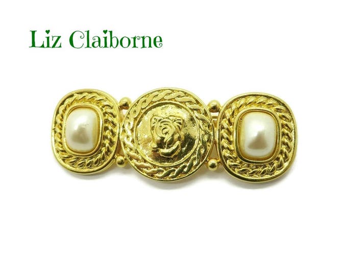 Faux Pearl Bar Brooch - Vintage Liz Claiborne Scrolled Brooch, Valentine's Day Gift, Gift Box