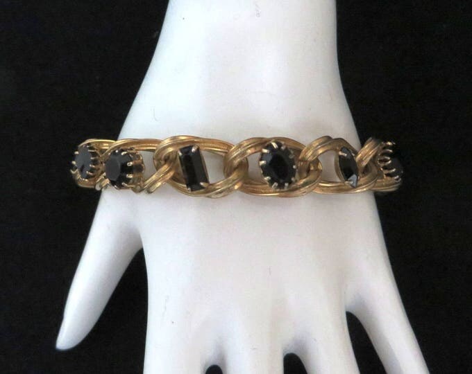 Black Rhinestone Bracelet - Vintage Gold Tone Chain Link Bracelet, Gift for Her
