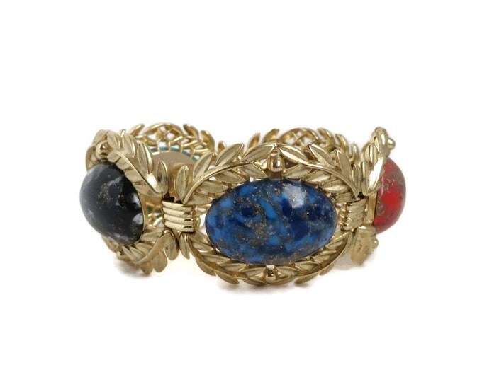 Vintage Lucite Gold Leaf Link Bracelet, Signed Emmons Multi Color Gold Spattered Jewelry